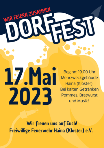 Flyer für das Dorffest in Haina, 17.05.2023 ab 19.00 Uhr am Gerätehaus.